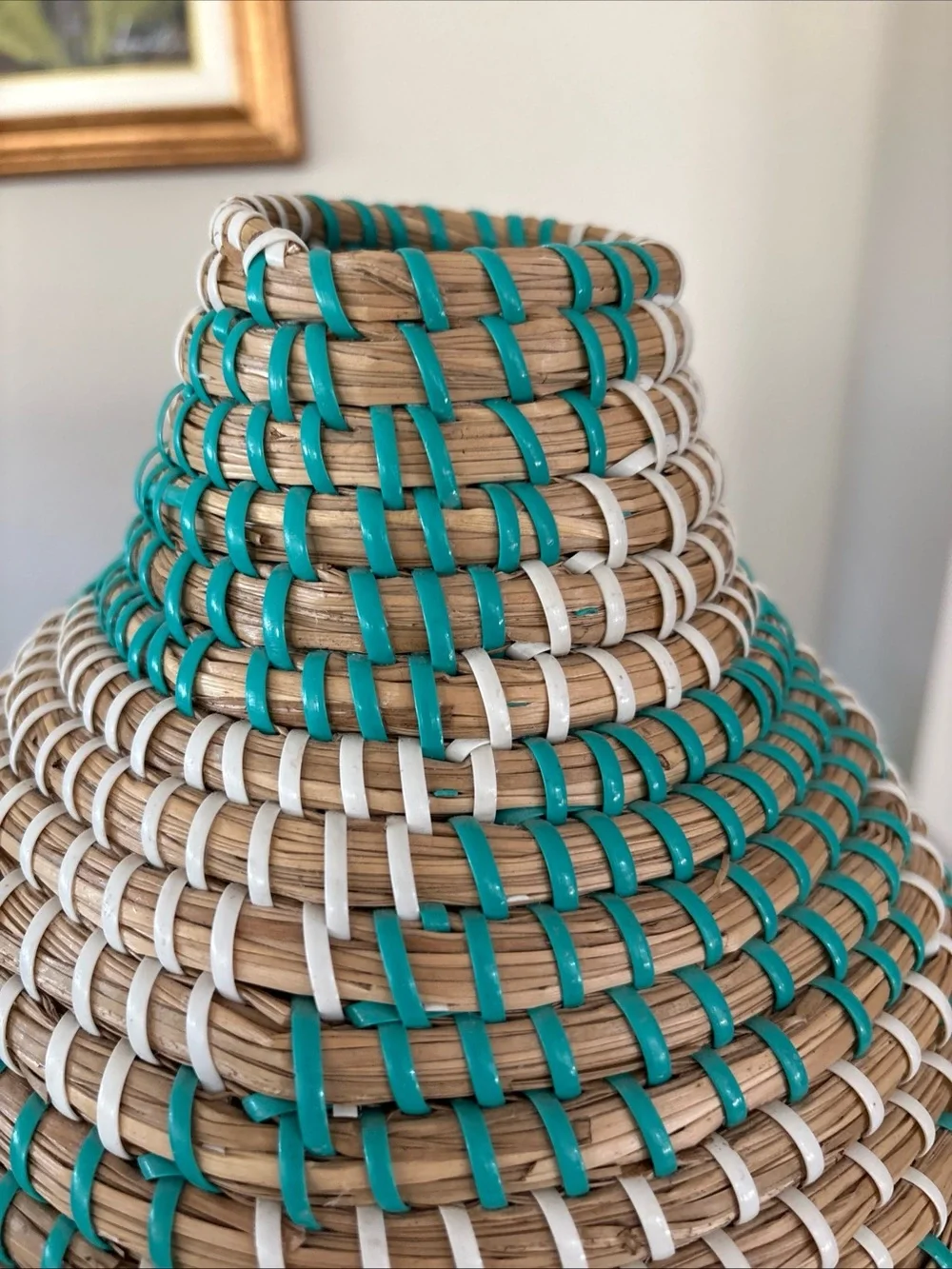 Handwoven Natural, Teal & White Decorative Basket Vase